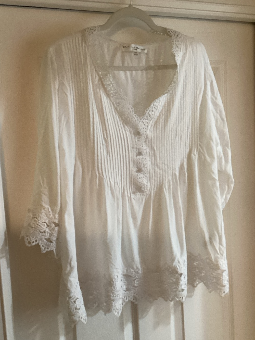 Chelsea & Theodore White Lace-Trim Pintuck Peasant Tunic